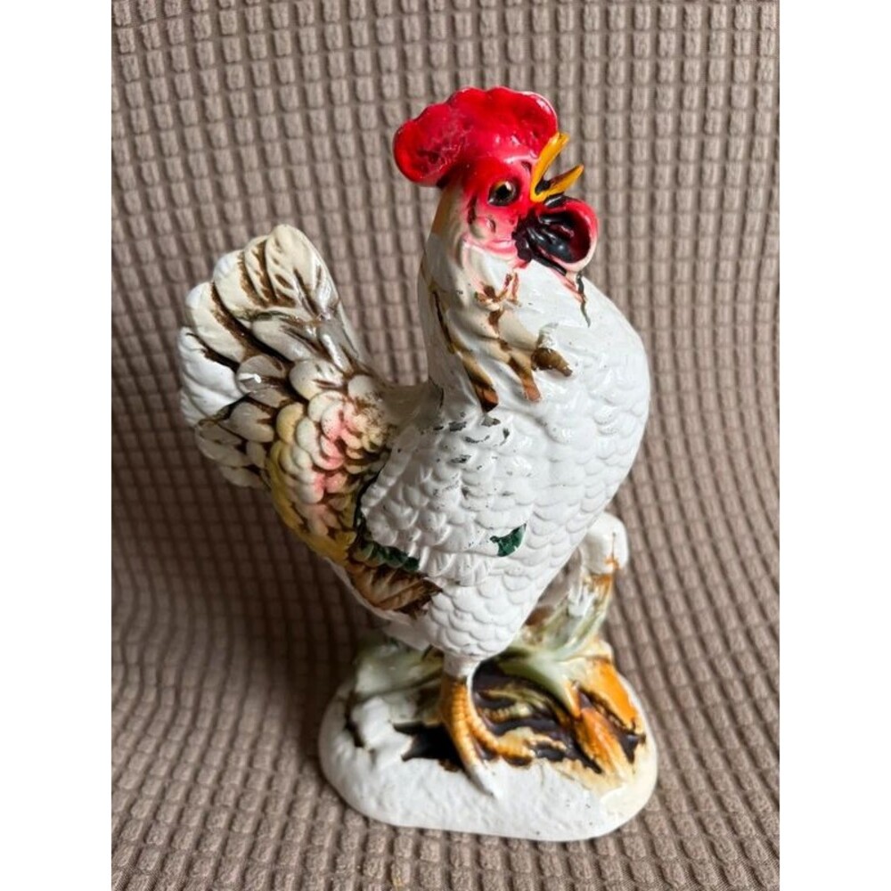 Vintage Ceramic Rooster Figurine White Crowing Chicken Statue Farmhouse Decor